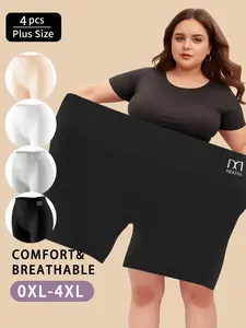 QUASTI 4-Piece Plus Size Women's Panties, High-Waist Solid Colors Safety Panties for Women Dailywear, Full Coverage High Elastic Waist Panties for Tummy Control Hip Lifting Panties Set, 0XL-4XL Breathable Womenswear