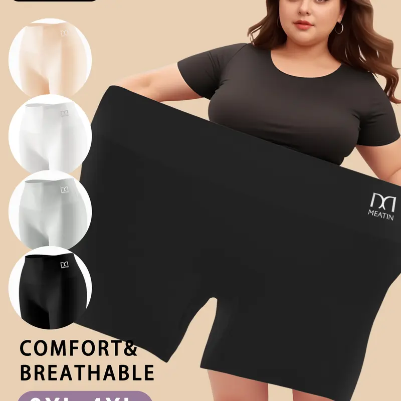 QUASTI 4-Piece Plus Size Women's Panties, High-Waist Solid Colors Safety Panties for Women Dailywear, Full Coverage High Elastic Waist Panties for Tummy Control Hip Lifting Panties Set, 0XL-4XL Breathable Womenswear