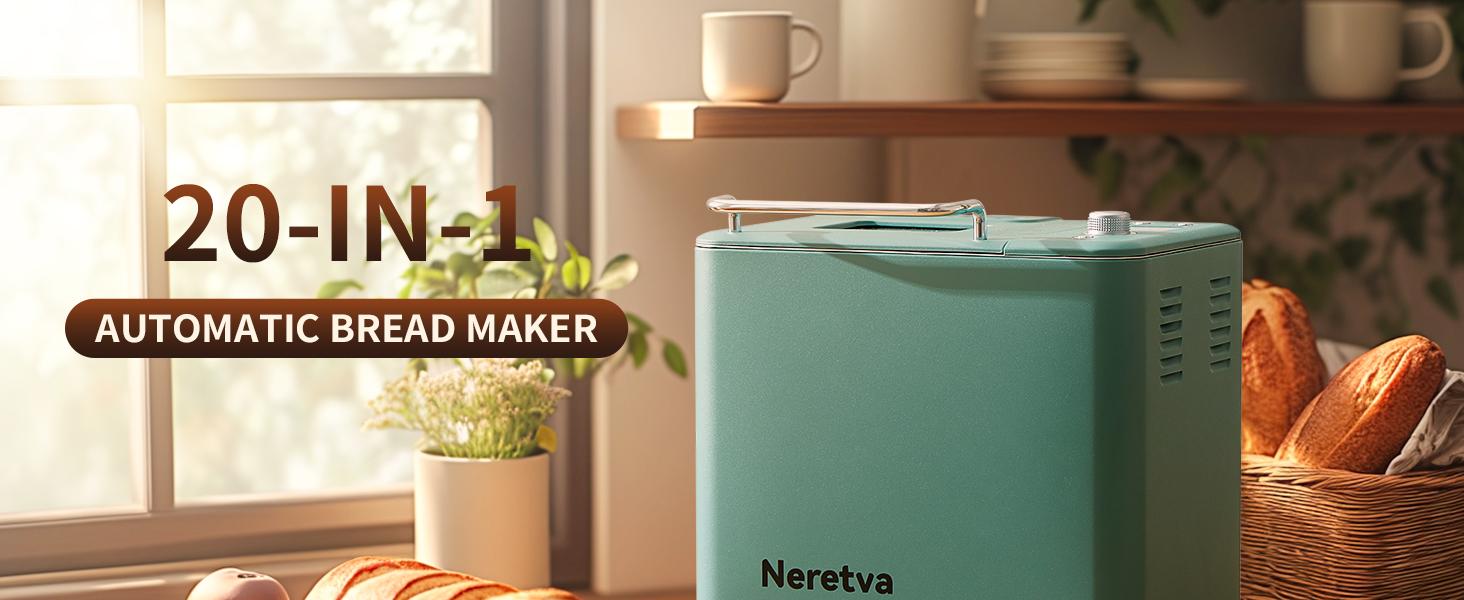 Neretva Bread Maker, 20-IN-1 2LB Bread Machine Dual Heater Bread Maker Machine Automatic with Nonstick Ceramic Pan, 15H Timer & 1H Keep Warm Set, Low Noise, Stainless Steel Breadmaker Recipe