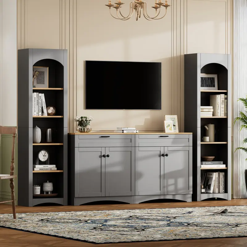 High-Quality 3-Piece Farmhouse Entertainment Center pa - Mid-Century TV Stand with Bookshelf, Rustic Versatile Sideboard with Adjustable Shelves, Storage Cabinet for 70" TVs, 102.3"lx15.7"dx72.0"h, Durable, Assembly Required for Living Room, Grey