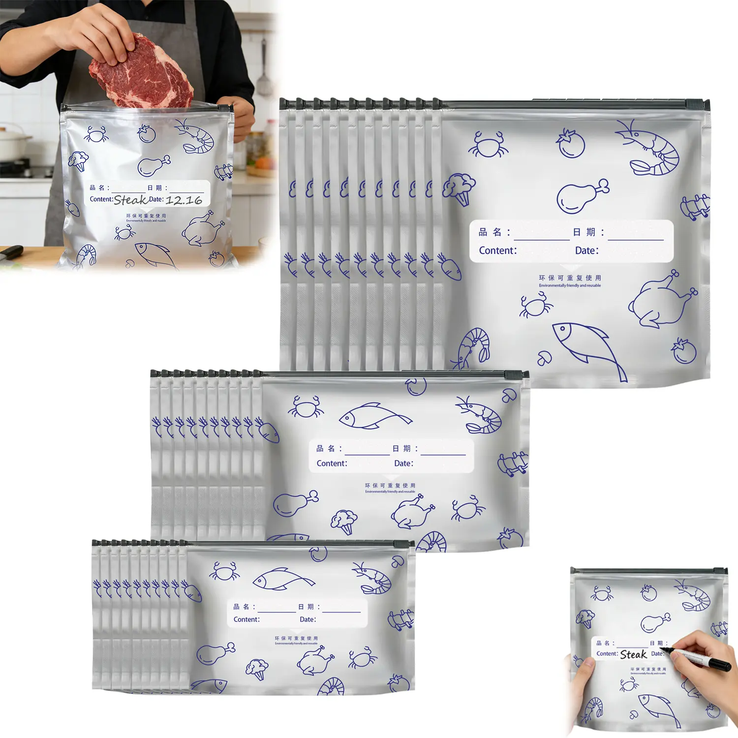 BMTWE Resealable Vacuum Zipper Pouches 30 PCS Reusable Sealable Storage Bags with Label for Food Vegetable Fruit Meat Beans (10*S+10*M+10*L)