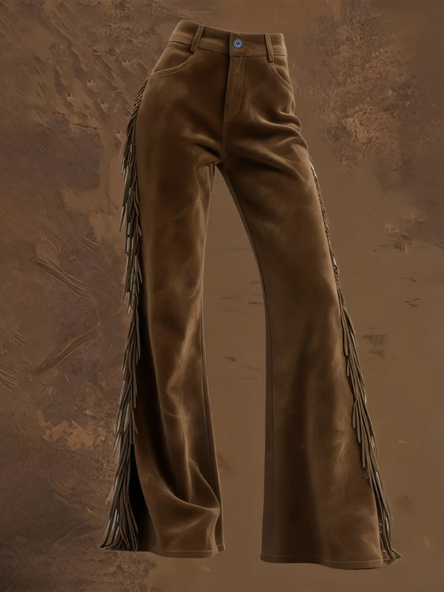 Women’s Brown High-Waisted Fringe-Sides Flared Bottoms, Polyester Suede-Look Trousers for Country Wear & Festival Outfits