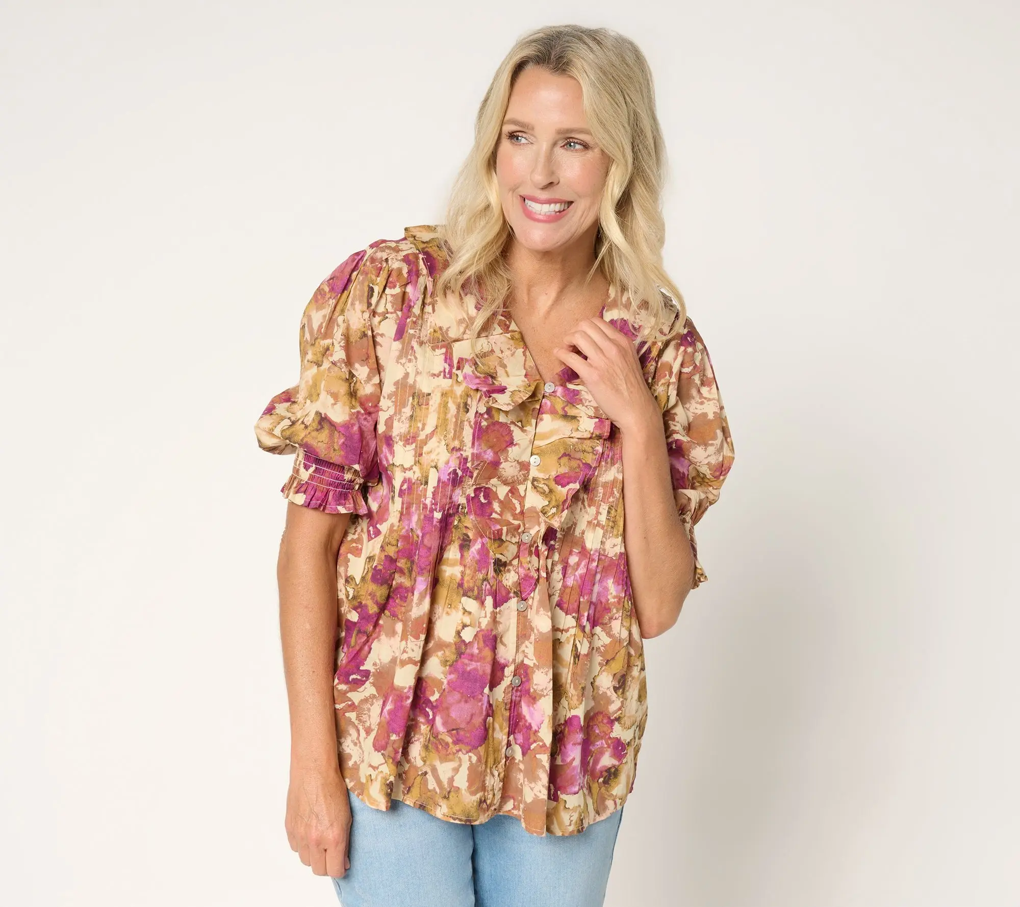 Ree by the Pioneer Woman Printed 100% Cotton Ruffle Front Blouse