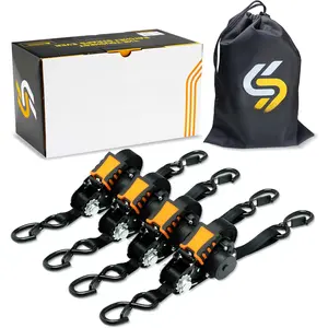 Retractable Ratchet Straps - 1 in x 12 ft Heavy Duty Tie Downs, 1800lbs Breaking Strength Each, S Hooks with Safety Clip, AutoRetract, for Moving, , Boat, Kayak, and Cargo (4 PCS)
