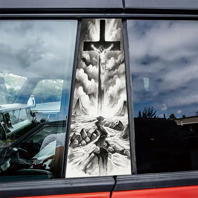 2PC Crucified Jesus B-pillar decal, Multipurpose Car Decal, automotive center pillar protective film, suitable for glass, metal, plastic, ceramic surfaces, Features anime, fantasy, animal, Cross Decal, Decals for vehicles
