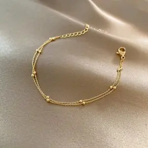 Women's Gold Double-Layer Small Round Bead Bracelet, Trendy Simple Chain Sports Wristband Jewelry, Fashionable Bracelets for Female Sports & Outdoor Use
