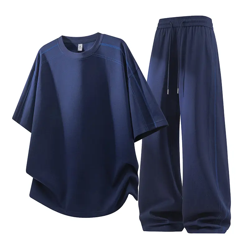 Men's Contrast Stitching Crew Neck Short Sleeve Outfit Set, Curved Hem Tee & Drawstring Wide Leg Pants, Breathable Casual Two-Piece Set For Campus, Fitness And Daily Outfits#SummerWins