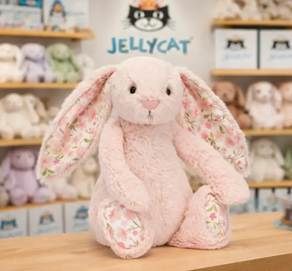 Jellycat Pink Bashful Bunny Plush Stuffed Animal - White Rabbit with Pink Strawberry Floral Print Ears - Cute Kawaii Plushie for Baby Girl Gift