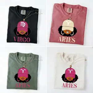 Comfort Colors [Full 12 Zodiac] Zodiac Vibes T-shirt – Afro Woman Astrology Sign Pullover with Sparkly Hat Graphic, Unisex Horoscope Crewneck Gift for Aries, Virgo & Zodiac Lovers, Trendy Aesthetic Sweater