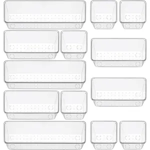 12 Piece Clear Drawer Organizer Set, 3 Sizes Bathroom Vanity Organizer Trays and Storage Bins for Makeup, Cosmetics, Jewelry, and Gadgets. Perfect for Office, Kitchen, Bedroom, Bathroom Use.