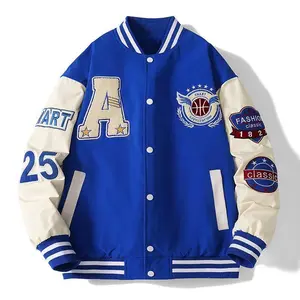 2025 New Style Men’s Varsity Baseball Bomber Jacket, Hip Hop Harajuku Bone Letter Patchwork Leather Jackets, Streetwear, Unisex College Coats, Women’s Tops, Long Sleeve, Blue