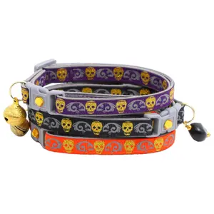 Halloween Gold Glitter Skulls Breakaway Safety Cat Collar with Jingle Bell & Charm by Pugs2Persians Goth Gothic