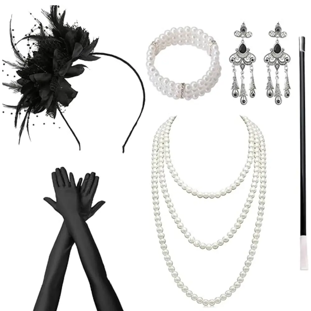 1Set 1920s Accessories for Women, Feather Headband Fashion Roaring 20's Theme Set, Pearl Necklace Jewelry Cigarette Rod Black