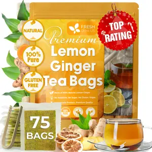 【FreshDrinkUS】 Premium 75 Lemon Ginger Tea Bags, 100% Natural Ingredients, Hand-made Blend of Lemon and Ginger Flowers, Eco-conscious Tea Bags. Lemon Ginger Herbal Tea. No Sugar, No Caffeine, No Gluten, Vegan. tea blends