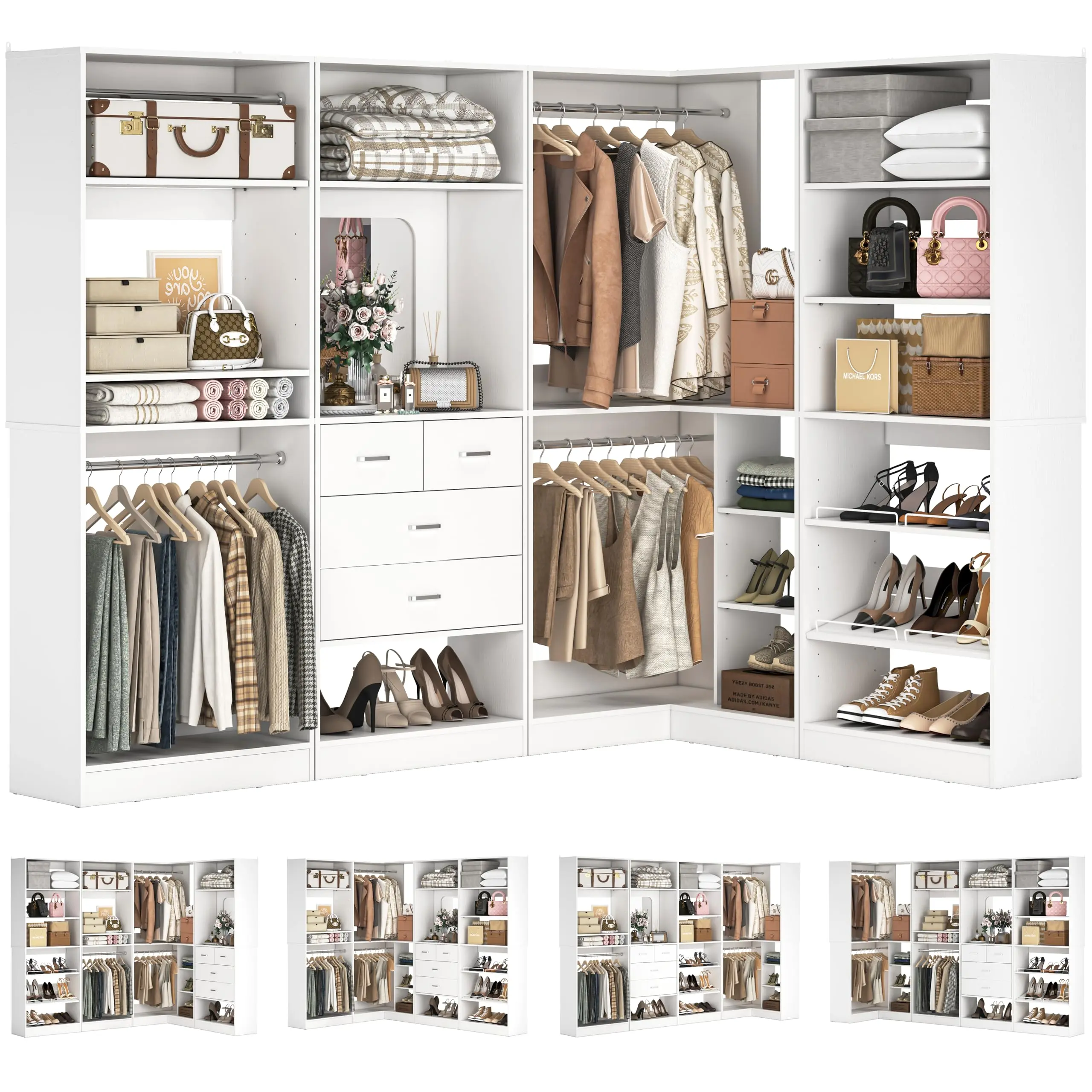 Unikito 110” Closet System with Drawers, 9.3FT Corner Closet Organizer with 4 Hanging Rods, Reversible Large Wood L Shaped Walk in Closets Wardrobe with Shoe Shelves, Max Load 3000LBS, Set of 4