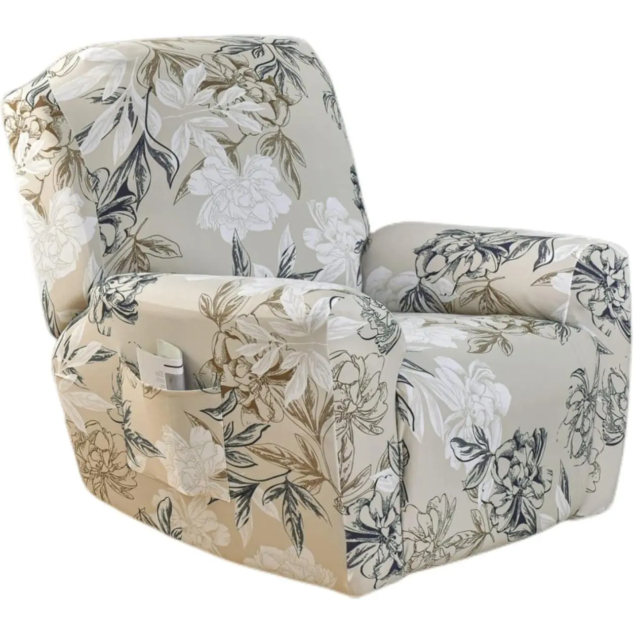 Stretch Recliner Cover 4 Pieces Printed Lazy Boy Chair Covers Floral Patterned Recliner Sofa Slipcover Anti-Slip Fitted Furniture Protector with Elastic Bottom, A3, Floral Print, 30–40" Arm Fit, Stretch Fit Adapts To Curved Seats