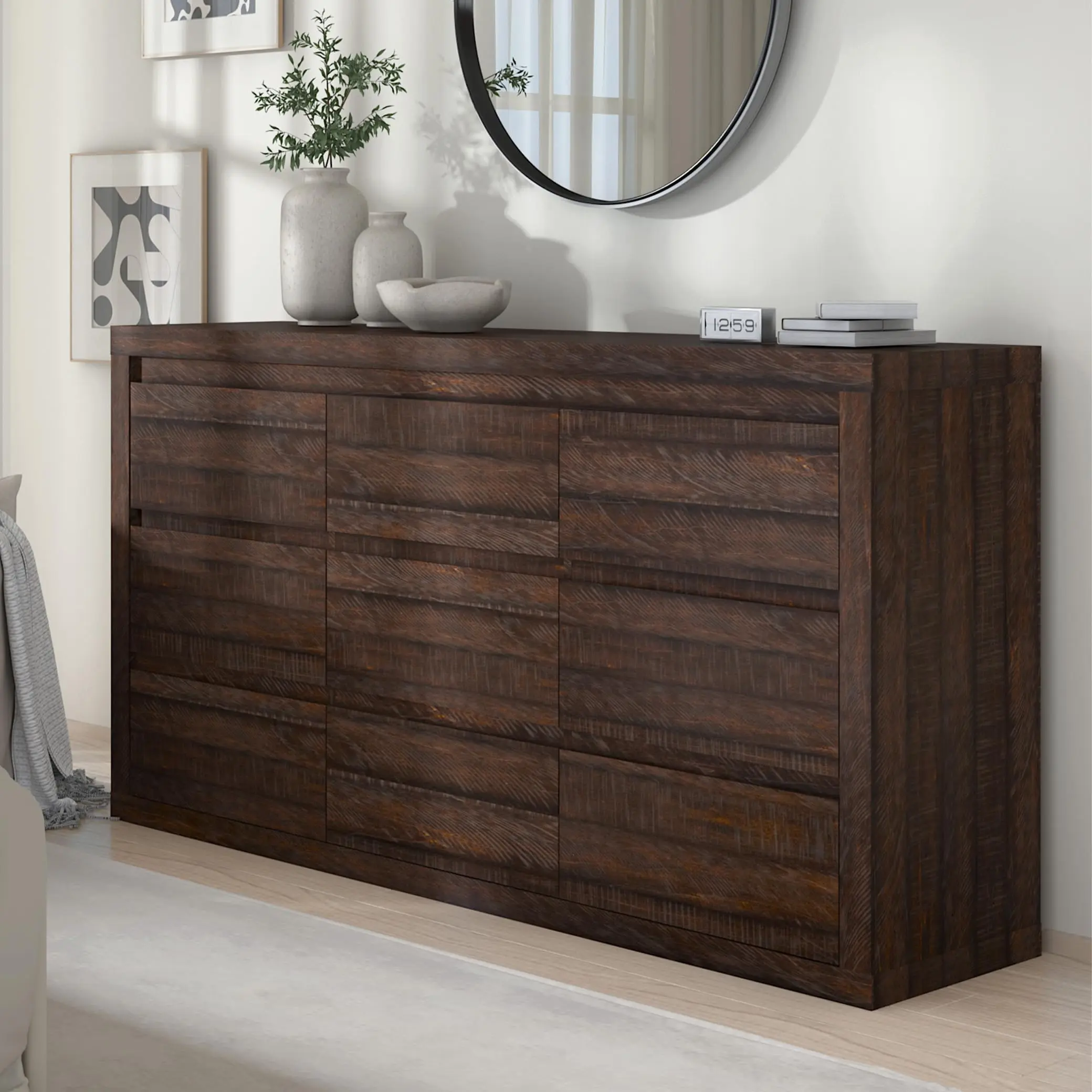 Garvee Modern 9 Drawer Dresser with Anti-Tipping Device, Wide Wooden Storage Cabinet and Chest of Drawers, Suitable for Bedroom, Living Room, Hallway, Available in Brown, Natural Wood, and Black Finishes, Dresser For Bedroom, Bedroom Dresser