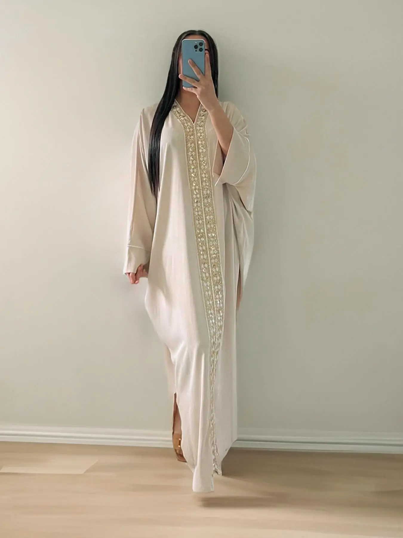 Arabic Clothing, Contrast Sequin Batwing Sleeve V Neck Design Kaftan Dress, Elegant Long Sleeve Arabian Dress for Women, Women's Islamic Clothing for Summer, Modesty Muslim Clothing, Modest Clothes, Muslim Gown