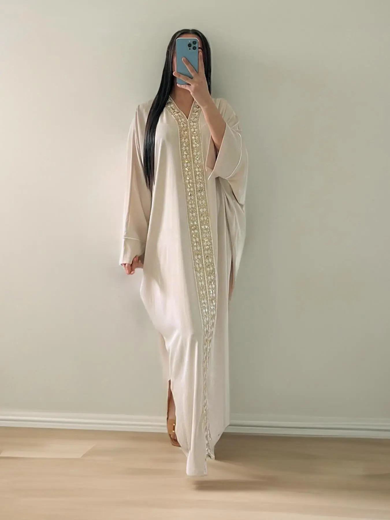 Arabic Clothing-Contrast Sequin Batwing Sleeve V Neck Kaftan Dress, Summer Outfits 2024, Elegant Long Sleeve Arabian Dress for Women, Women's Islamic