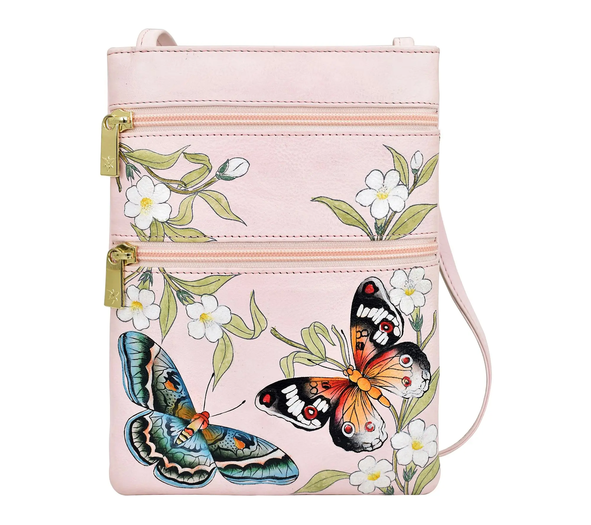Anuschka Painted Leather Mini Double Zip Travel Crossbody