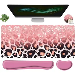 Leopard-Print Mouse Pad & Keyboard Wrist Rest & Coaster Set, Ergonomic Wrist Support, Computer Mat Mouse Pad Coaster Suitable for Home Office Gaming