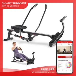 Sunny Health & Fitness Smart Full Motion Rowing Machine, Home Gym Workout Fitness, 360° Full Range of Motion, 12 Adjustable Resistance Levels, Performance Monitor, Low-Impact Rowing for Core/Arms/Legs/Glutes/Back, 350 lbs Capacity