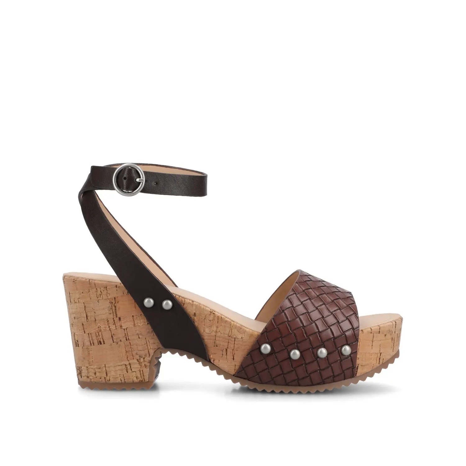 Journee Collection Vanessa Platform Clog Sandals - Buckle Ankle Strap Open Toe Platform Heels for Women - Chocolate Brown Woven