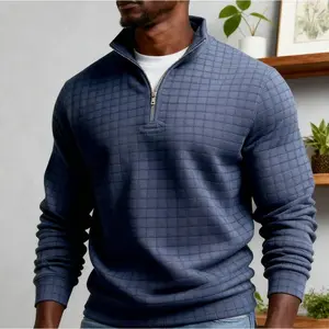 Men's Quarter Zip Quilted Sweatshirt - Knit Long Sleeve Polo Pullover