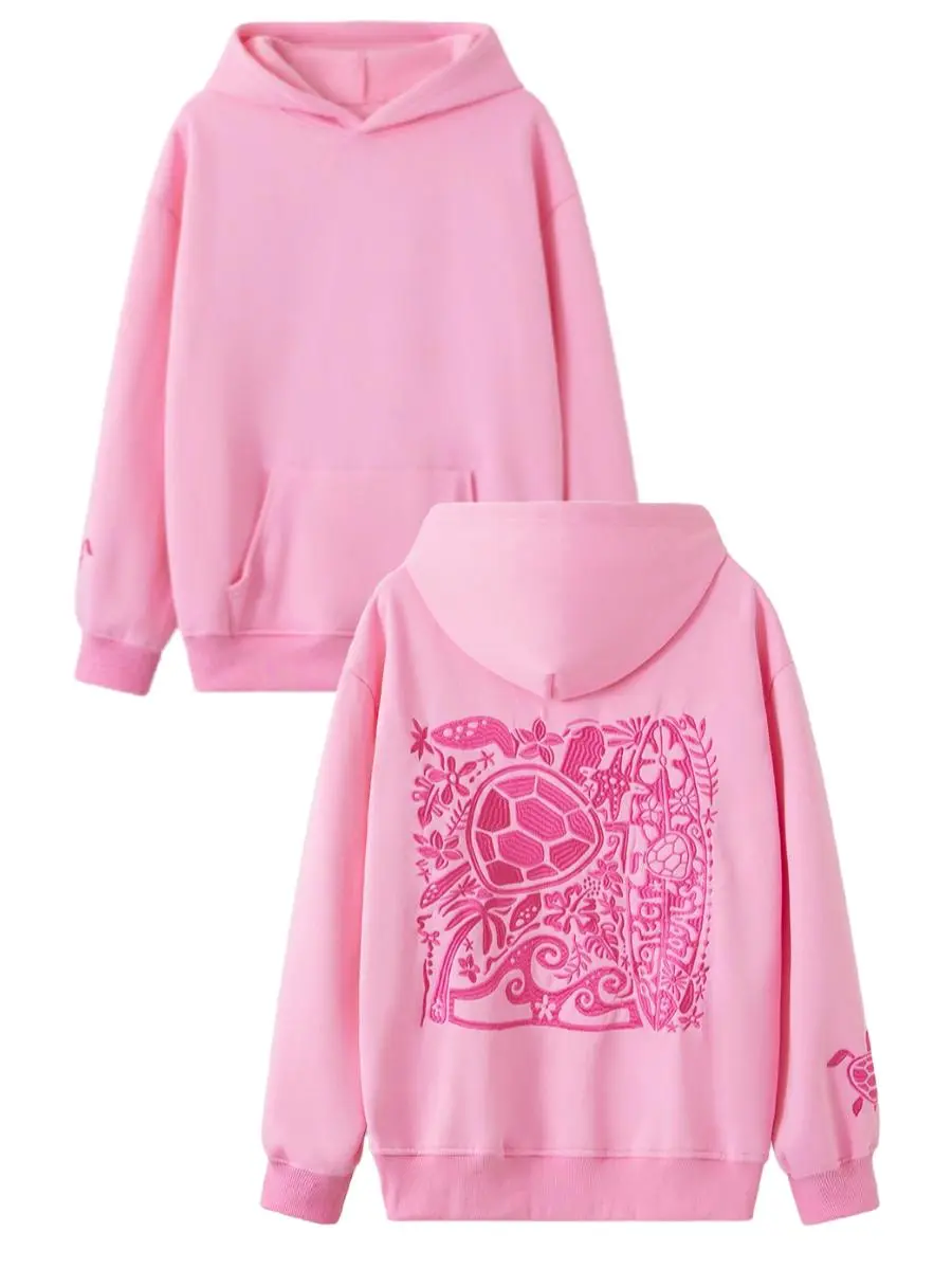 Women Y2K Turtle Embroidered Long Sleeve Hooded Sweatshirt with Kangaroo Pocket Drop Shoulder Loose Fit Pullover Tops,Hoodies Women Womenswear Baggy Casual hoodies women