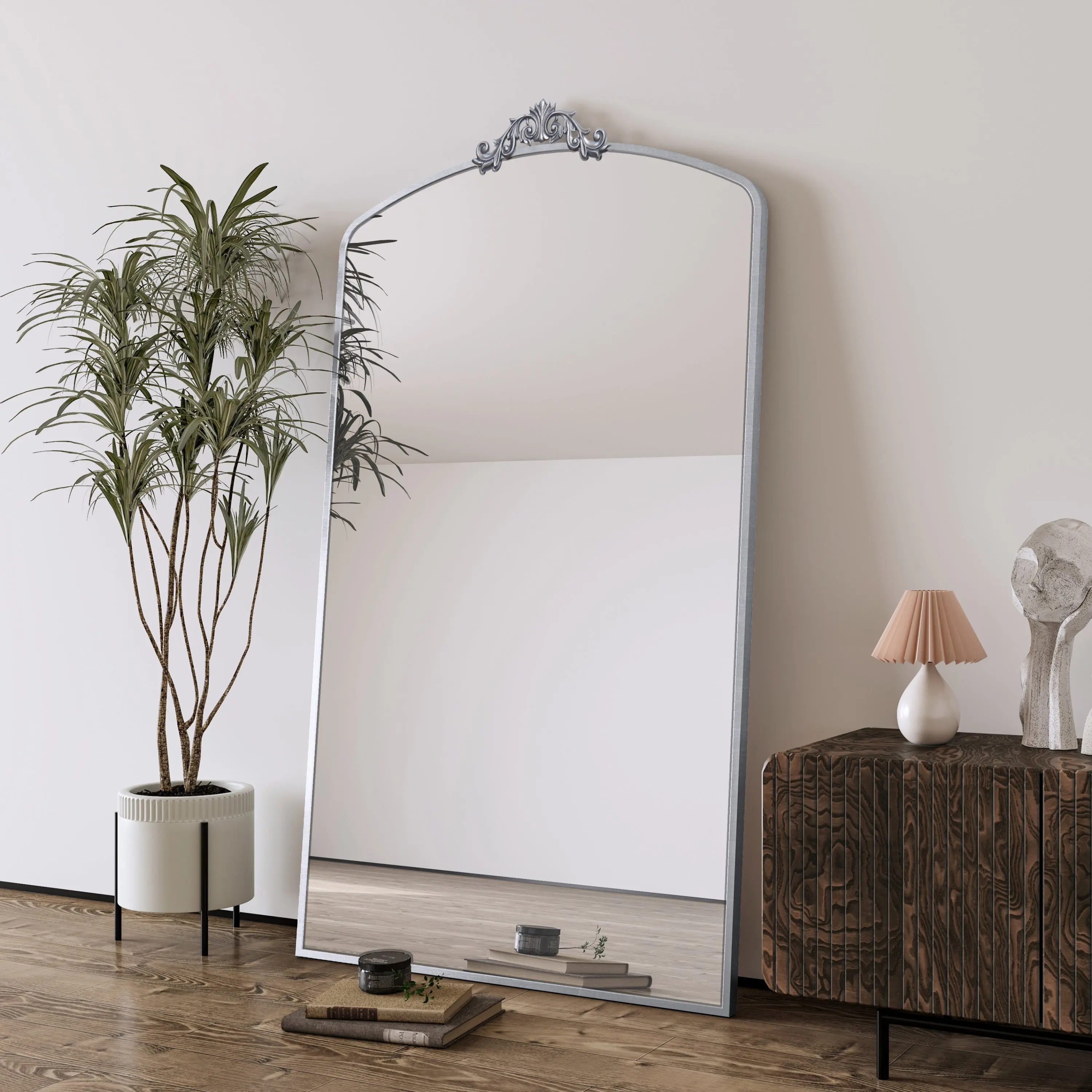 Retro Oversize 36x66 in Antique Silver Ornate Arched Baroque Metal Framed Full-Length Decor Mirror, Garland Top, Dustproof Wall-Mount Room Accessory for Bedroom, Home Gym