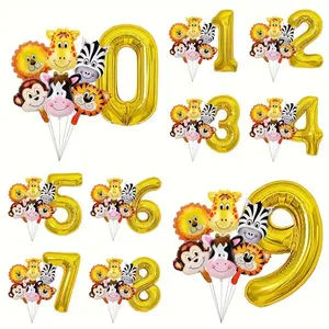 9-Piece Animal Theme Birthday Balloon Set, Numbers, Lion, Giraffe, Zebra, Monkey, Cow, Tiger Balloons, Party Decorations