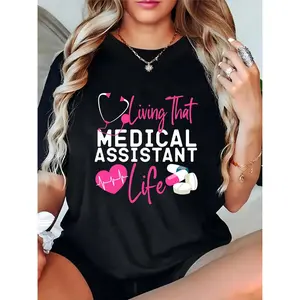 Women's Black Medical Assistant T - Shirt with Stethoscope, EKG Heart & Pills Print | Ideal for Medical Professionals, Work, Casual Daily Wear 100% Cotton T-shirt
