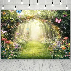 1pc Enchanted Forest Butterfly Wonderland Backdrop Banner - Vibrant Spring Fairy Tale Scene with Sunlit Path, Colorful Flowers, Fluttering Butterflies - Reusable Polyester Outdoor Banners, Photo Backdrops for Birthday Parties