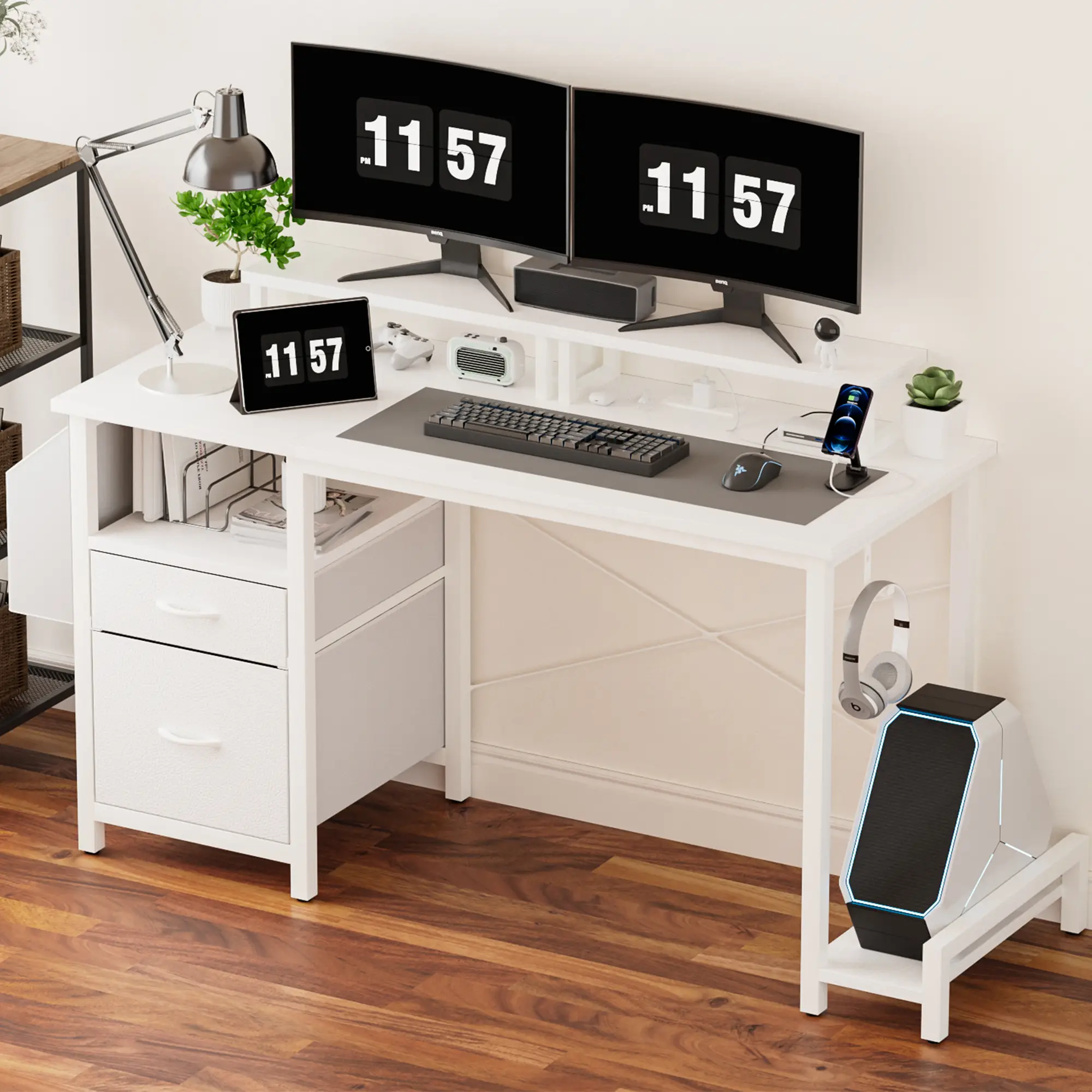 GSHVR 47"office desk with 2drawers and power outlet,with Fabric File Drawers and Side Pocket,Suitable for home desk, White write desk gaming table