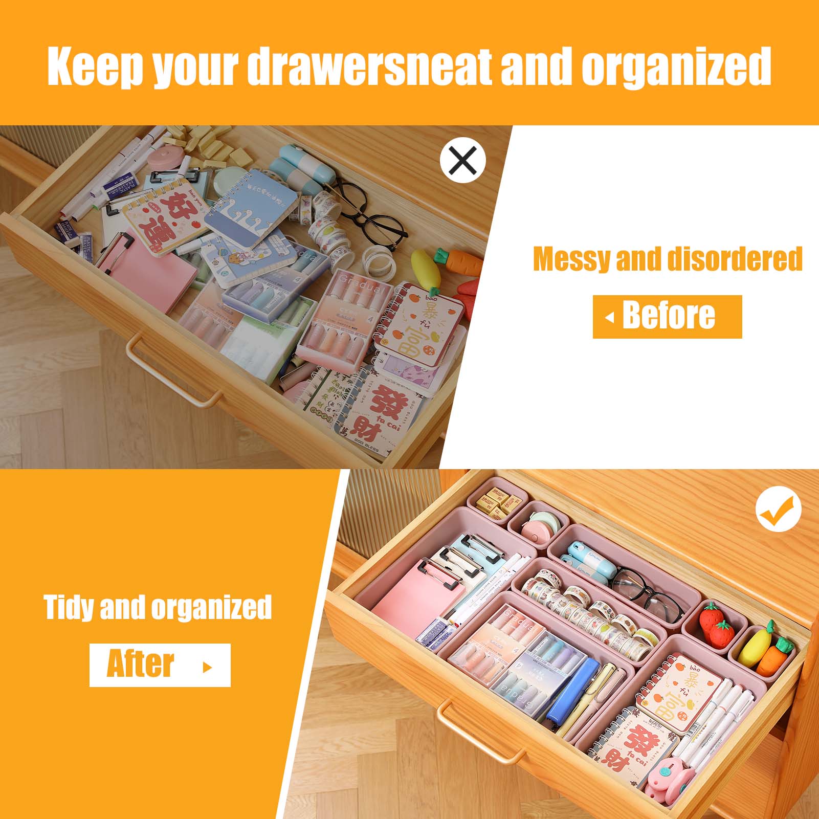 Multi-Purpose Plastic Drawer Organizers 16-Piece, 4 Sizes Sturdy Storage for Bakeware, Utensils & Daily Essentials