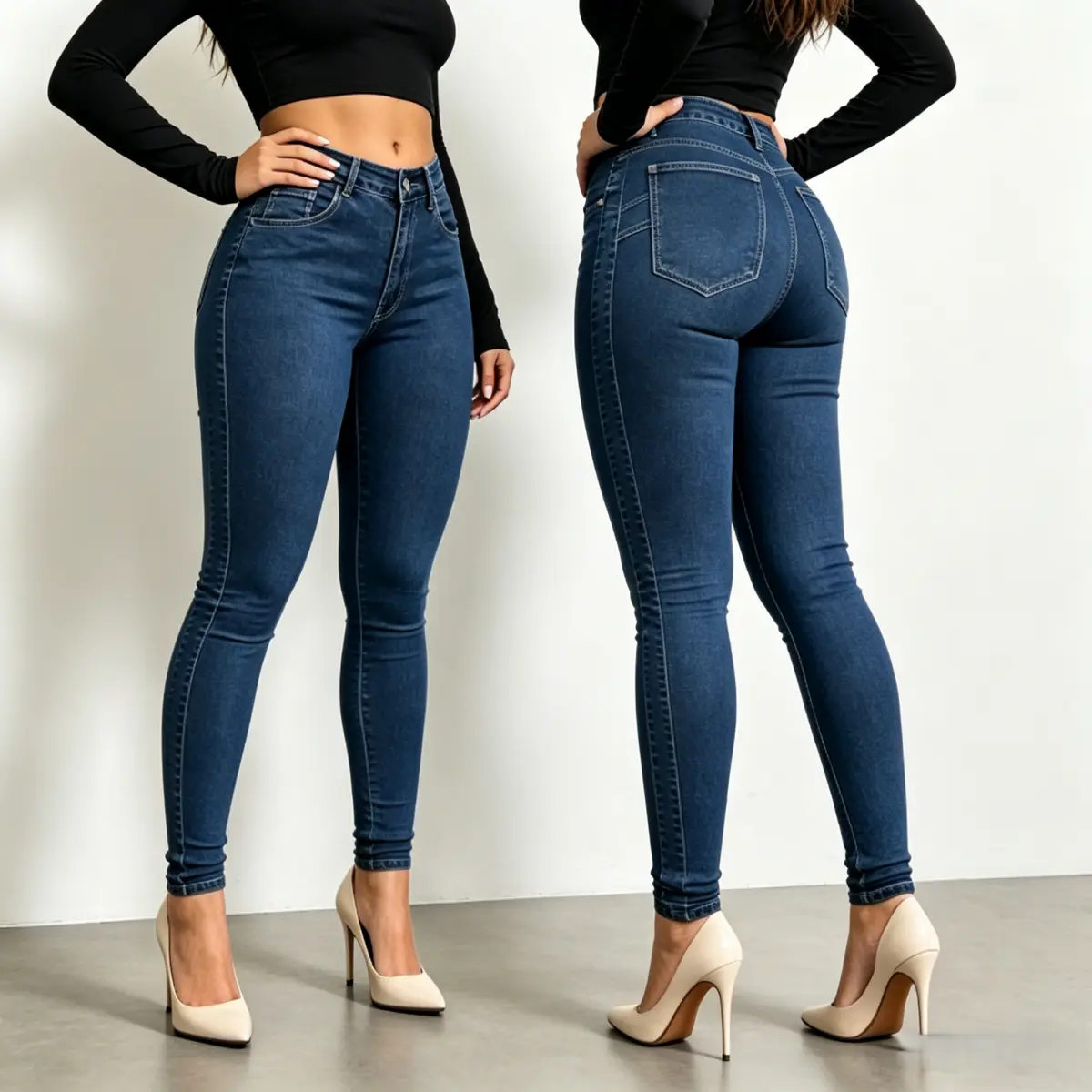 Women's High Waist Deep Blue Stretchy Skinny Jeans - Tummy Control, Pull-On, Pockets, Trendy Casual Womenswear Bottom