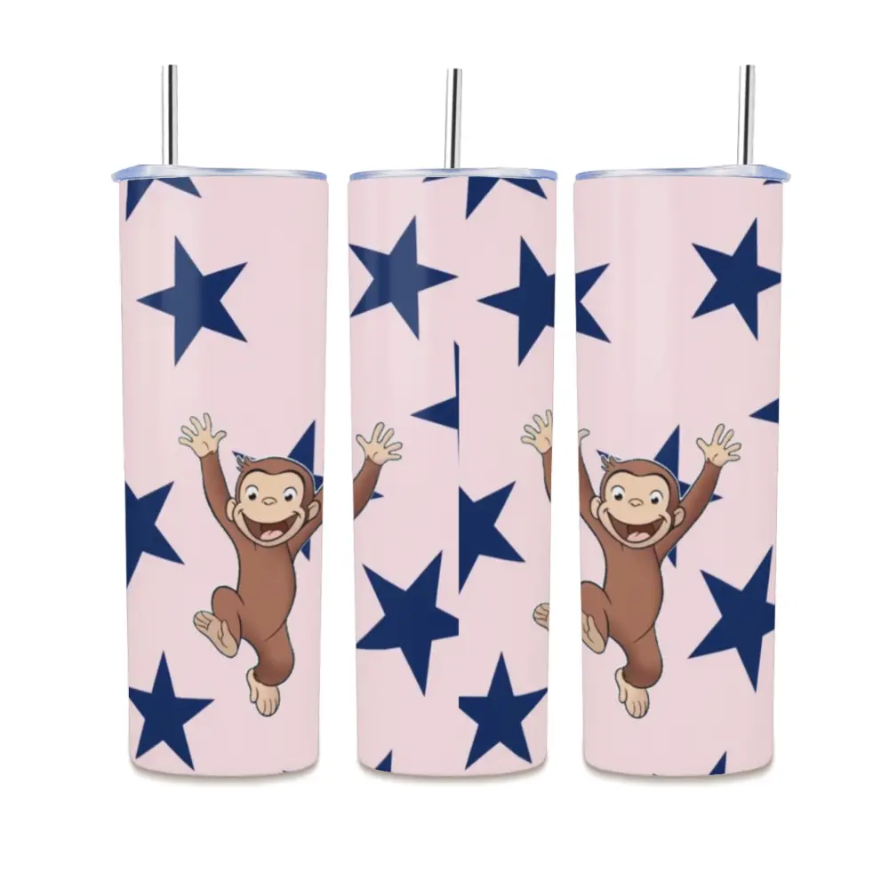 Curious George Pink Starry Skinny Tumbler, 20oz Insulated Stainless Steel Travel Cup Portable Reusable Vacuum Insulated Tumbler with Carry Handle,Ideal for Camping & Hiking, Hydration Tumbler