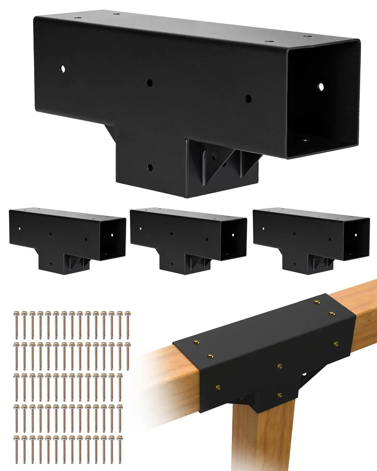 【Summerfinds】VEVOR 4x4 Pergola Kit T-Shaped Brackets - 4-Pack 3.5x3.5 in Carbon Steel 3-Way Brackets, Powdercoat Resist Weatherproof, Full-Wrap Design, Built-In Holes for Shade Sail, Fits Softwood & Hardwood Beams, All Seasons Outdoor Use, W/ Screws