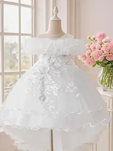 Girl's Glitter Sequin Decor Multi-layer Tulle Sweater Dress, Elegant Round Neck Sleeveless Party Dress for Wedding Guest, Kids Clothes for Four Seasons