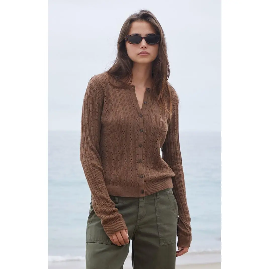 John Galt Women's Brown Button Up Open Knit Cardigan