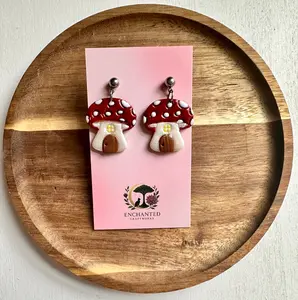 Mushroom Fairy House Polymer Clay Dangle Earrings