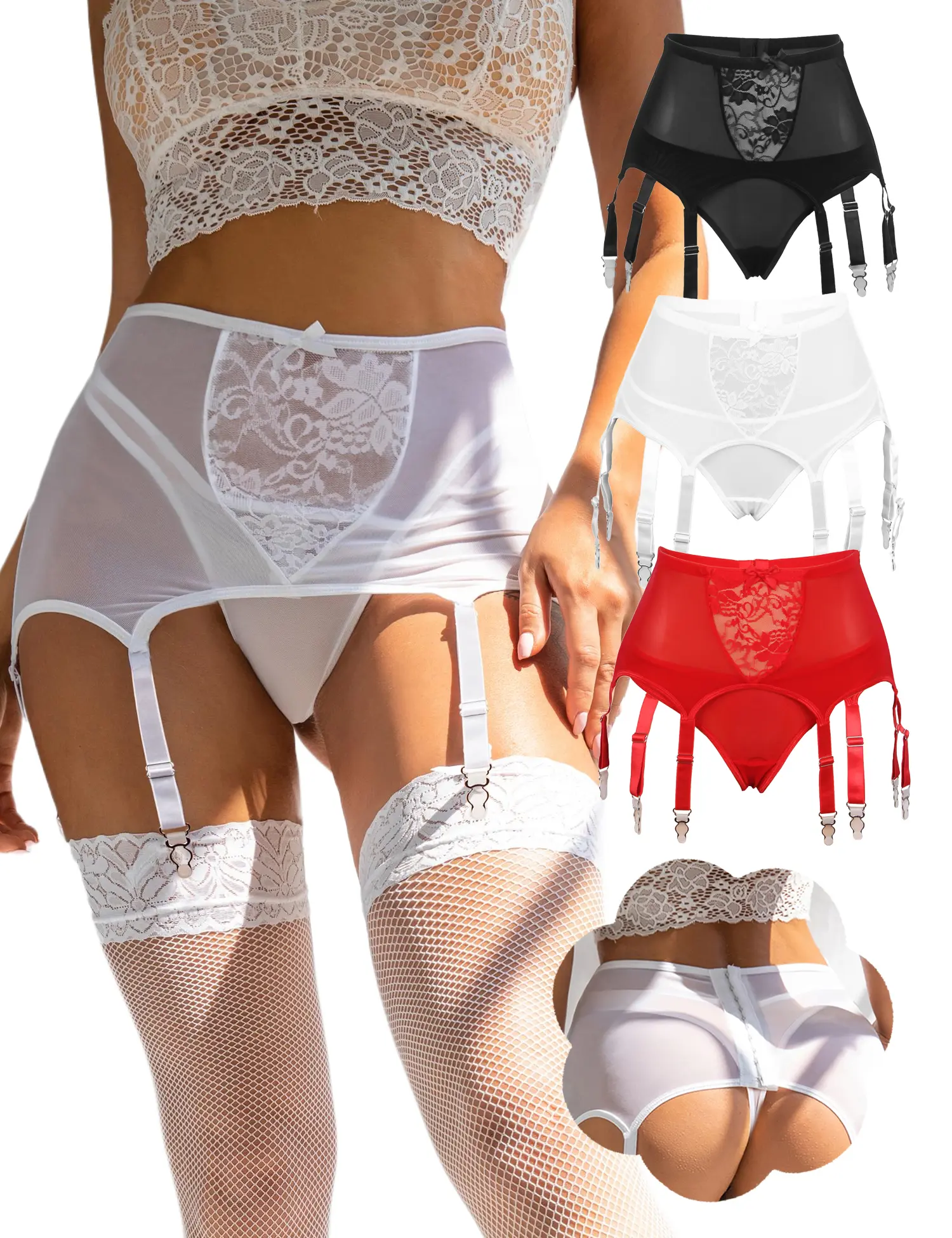 OHYEAH Women's Lingerie Garter Set, High Waist Mesh Suspender Belt with 6 Vintage Adjustable Straps, Contrast Lace & Patchwork Pattern for Thigh High Stockings, XS-4XL