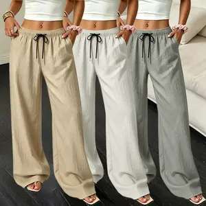 Women’s linen loose casual pants; relaxed fit with elastic waistband for summer; casual elastic-waist home pants; suitable for all seasons; solid color design; everyday wear; well-fitting silhouette; bottoms; suitable for 2026 back-to-school outfits.
