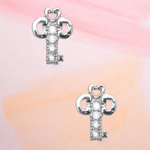 Cubic Zirconia Petite Key Stud Earrings - Elegant Design with Smooth Finish
