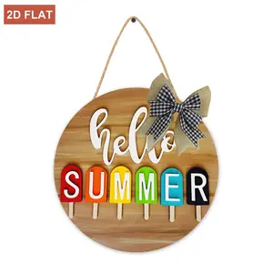 Hello Summer Front Door Sign, Summer Colorful Popsicle Round Wooden Door Hanger Outdoor Outside Porch Decor, Seasonal Wooden Wreath Indoor Wall Hanging Decoration