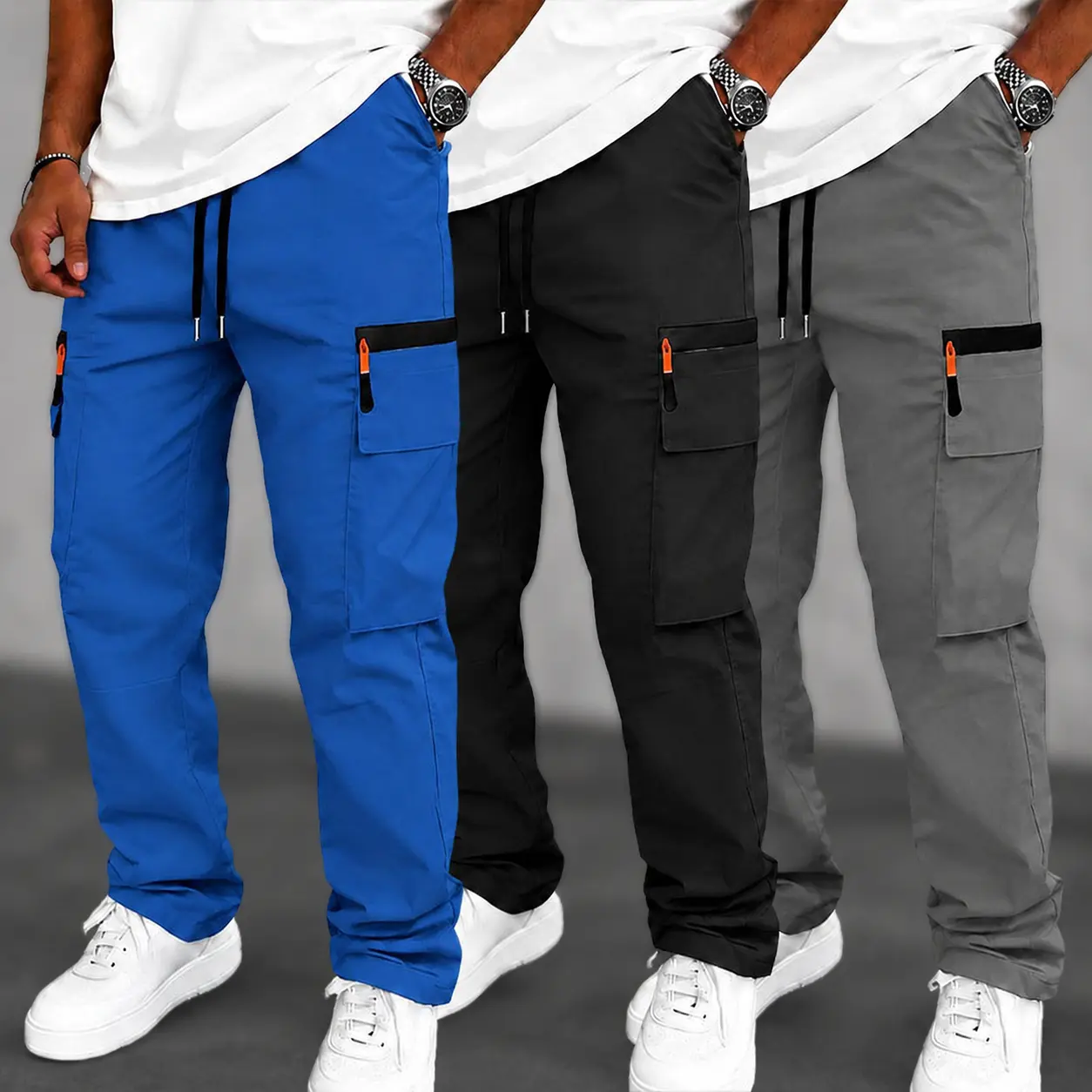 3-piece men's lightweight and comfortable straight-leg work pants in multiple colors. With drawstring waist and loose fit. Ideal for casual streetwear, summer outdoor outfits. Plain Elastic