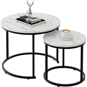 Round Nesting Coffee Table Side Table Set of 2 End Tables for Living Room Bedroom Balcony, White Faux Marble Wooden Table Accent Coffee Table with Black Steel Frame