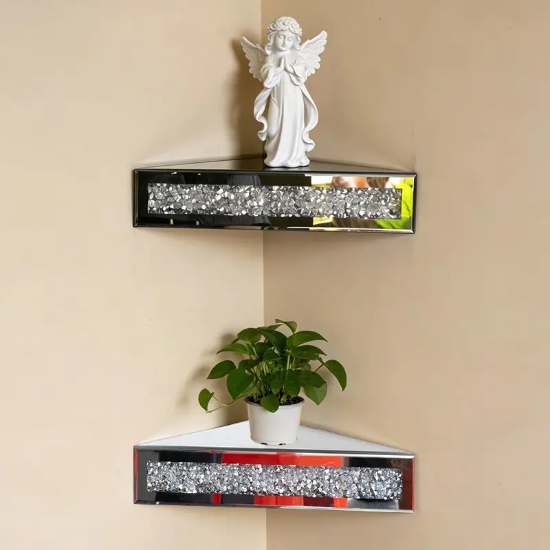 Corner Floating Shelves 2 Sets, Corner Shelf Wall Mounted Crushed Diamond, Corner Shelves Crystal Mirrored, Floating Corner Shelves for Wall, Silver Crushed Diamond Decorative Wall Shelf, Decoration Items