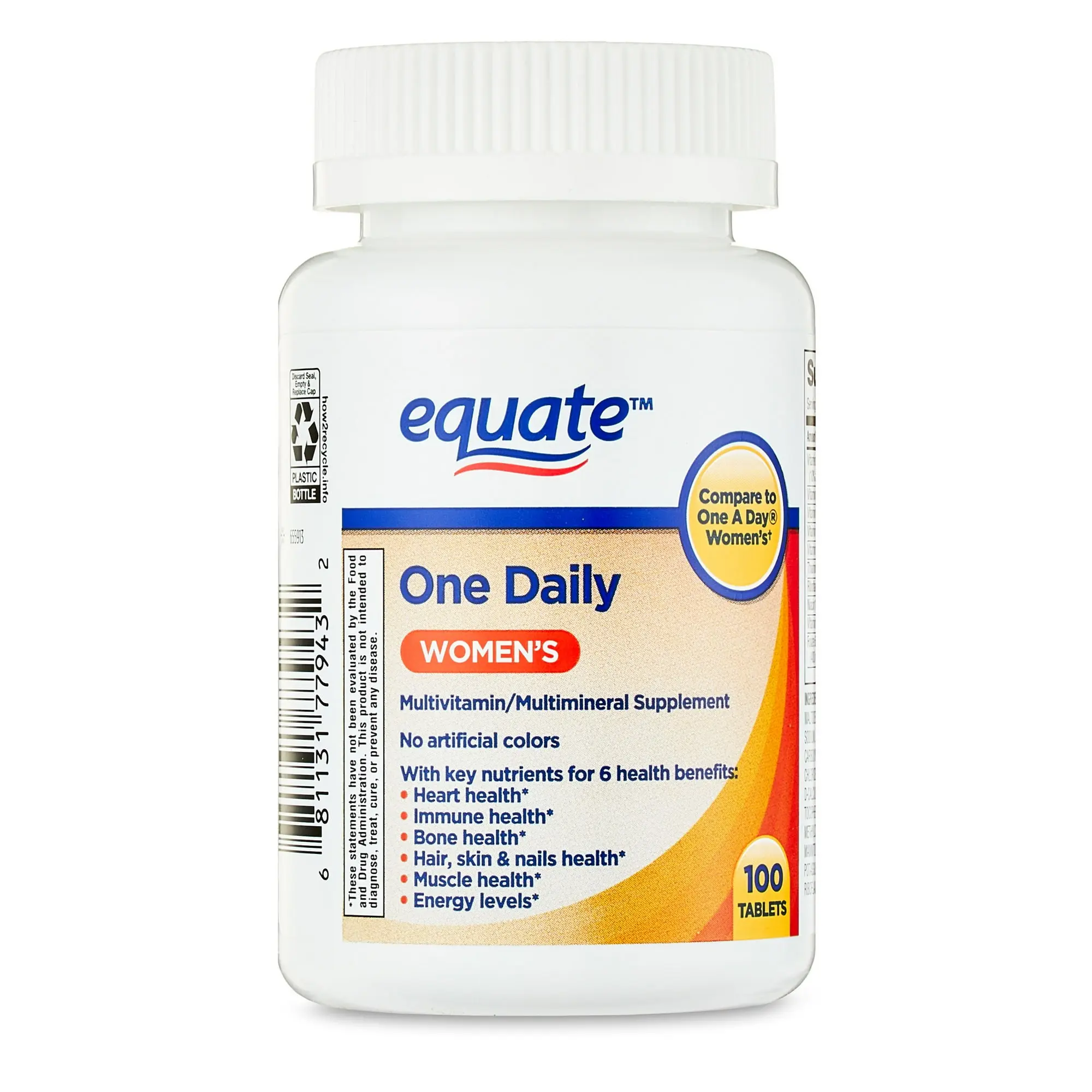 Equate 1 Daily Women's Multivitamin Multimineral Dietary Supplement Tablets - Edible Daily Nutrition Supplement for Women's Heart Health & Fitness, 100 Count
