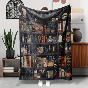 1pc Vintage Gothic Halloween Flannel Throw Blanket - Magic Bookshelf with Skull, Black Cat and Spider Web Pattern for Bed, Sofa
